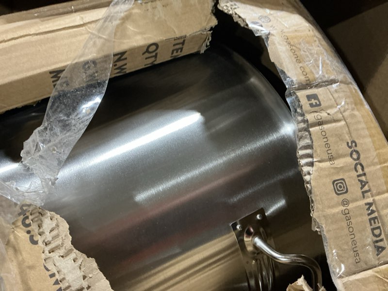 Condition photo showing As Is for GasOne Stainless Steel Stockpot with Basket – 53qt Stock Pot with Lid and Reinforced Bottom – Heavy-Duty Cooking Pot for Deep Frying, Turkey Frying, Beer Brewing, Soup, Seafood Boil – Satin Finish 53 Quarts