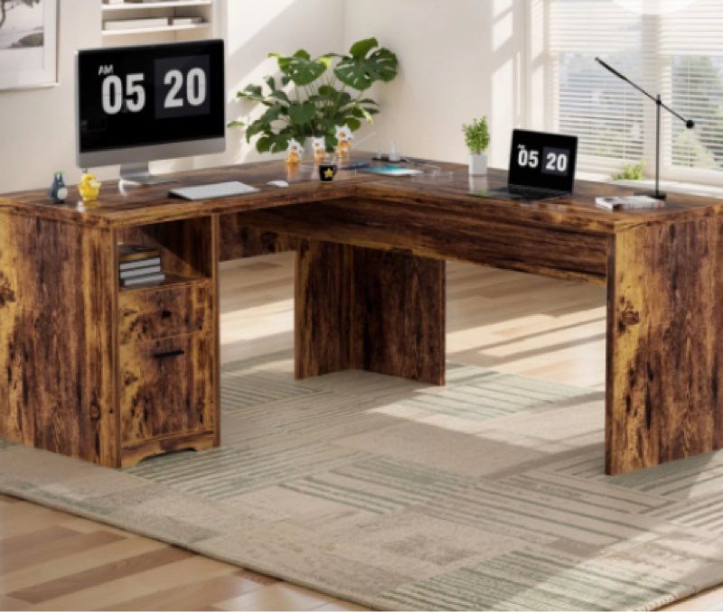 (Incomplete only 1 box) Swapan 56'' Lift Top L-Shaped Desk with Drawers and Power Outlets, Executive Desk