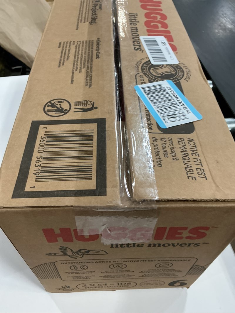 Condition photo showing New/Like New for Huggies Size 6 Diapers, Little Movers Baby Diapers, Size 6 (35+ lbs), 108 Count (2 Packs of 54), Packaging May Vary