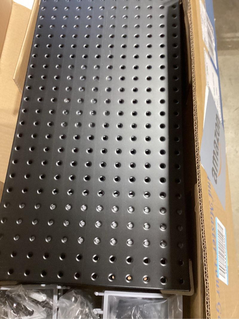 Condition photo showing As Is for wallmaster pegboard organizer garage storage - 48pcs pegboard hooks set, pegboard tool organizer with 48x24 inch steel peg board & 4 storage bins (black) 48x24inch black 48