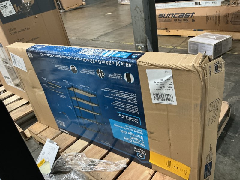 Condition photo showing As Is for project source 5 -tier heavy duty black metal utility shelving unit with solid shelves ( 48-in w x 24-in d x 72-in h )