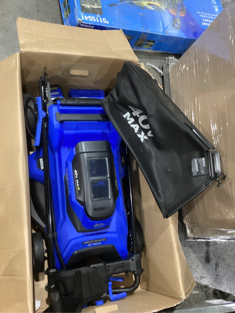 Condition photo showing As Is for kobalt 40-volt 21-in self-propelled battery mower (6 ah battery charger included)