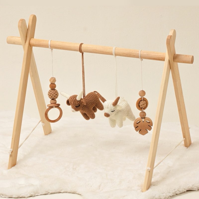 Highland Cow Baby Gym: Wooden Activity Center with Crocheted Toys