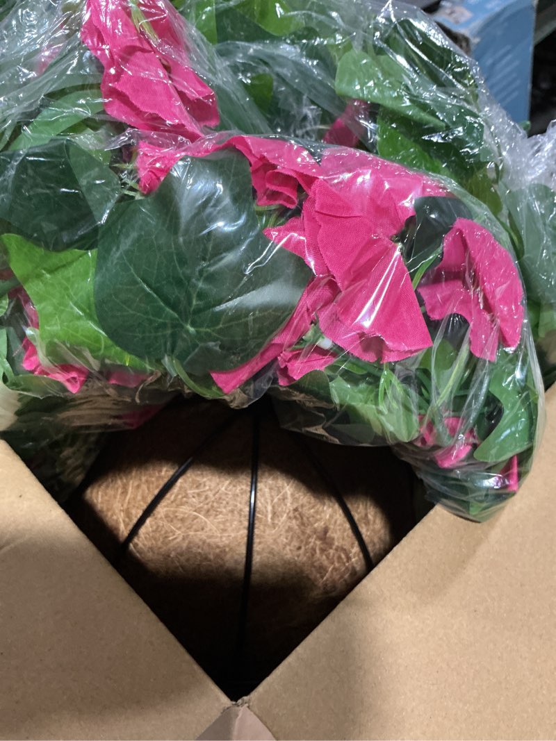 Condition photo showing New/Like New for artificial fake hanging flowers plants basket for spring outdoor outside decoration, uv resistant faux plastic fabric flower morning glory wisteria petunia for garden porch patio balcony yard decor rose red