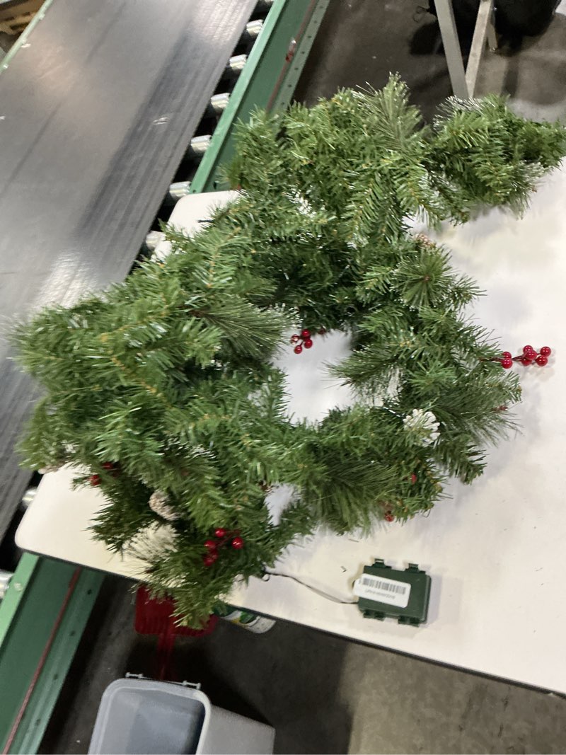 Condition photo showing As Is for auto timer & 8 modes 9ft by 10 inch 50 led prelit christmas garland decorations warm lights thick 270 lifelike snowy tips 70 red berries 10 pinecones xmas garland fireplace door stairs home outdoor 9ft-snowy-warm white lights