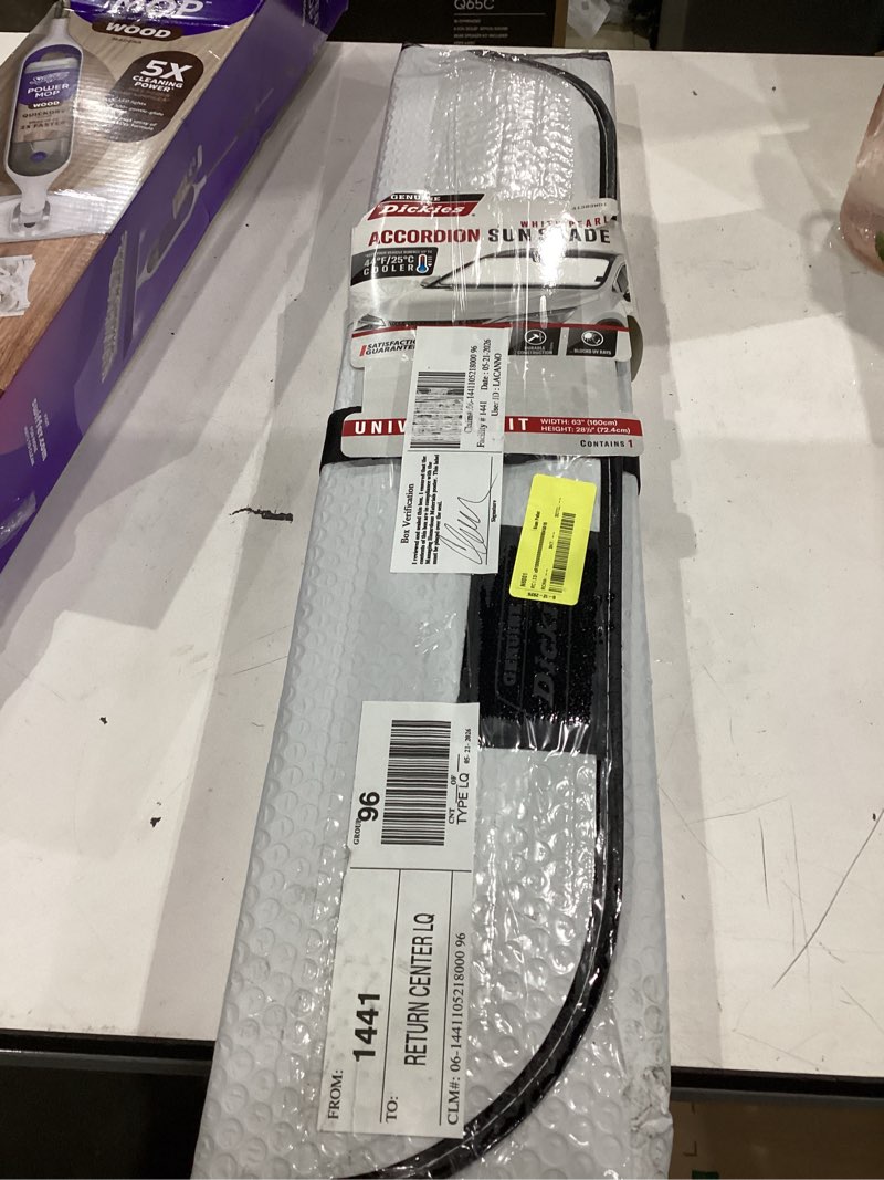 Condition photo showing As Is for genuine dickies white with black trim accordion auto sunshade