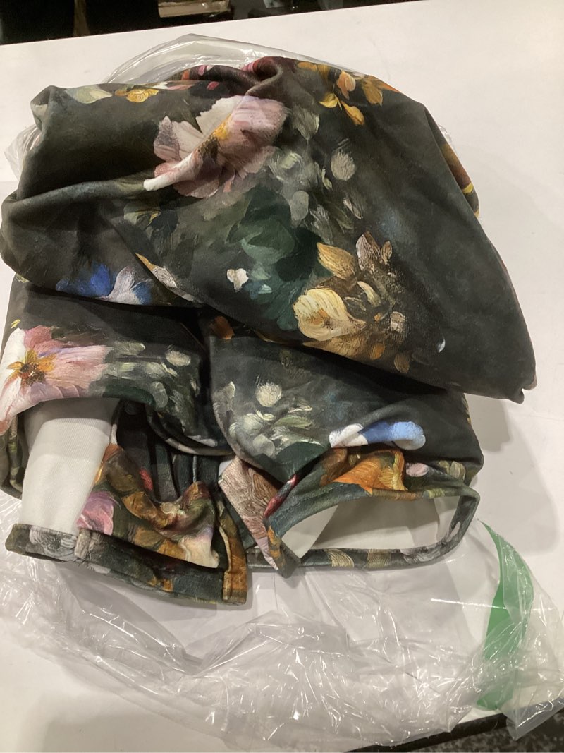 Condition photo showing As Is for (used)stangh green floral curtains 84 inches long, vintage flower painting printed velvet drapes back tab thermal insulated gothic classic home decor for nursery, w52 x l84, 2 panels 52\"w x 84\"l (pack of 2) flower on green