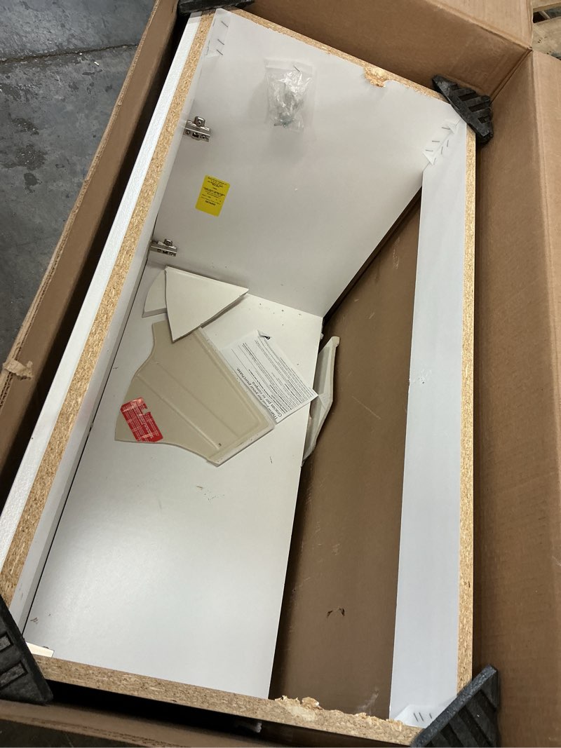 Condition photo showing As Is for project source 36-in white single sink bathroom vanity with white cultured marble top(incomplete no top)