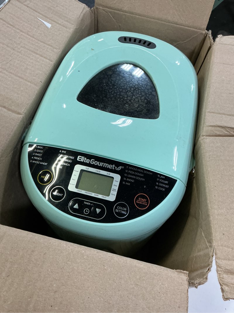 Condition photo showing As Is for Elite Gourmet Programmable Bread Maker, 2 lb Loaf, 3 Sizes, 19 Presets incl. Gluten-Free, Dough & Jam, Delay Timer, Mint