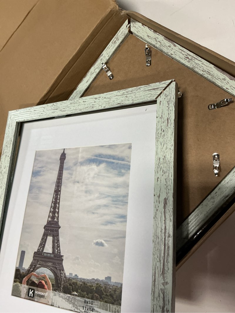 Condition photo showing As Is for hongkee 11x14 picture frame set of 4, made of real glass and sage green wooden frame, display 8x10 pictures with mat or 11 x 14 posters without mat for wall mounting, gallery photo frames green 11x14 in