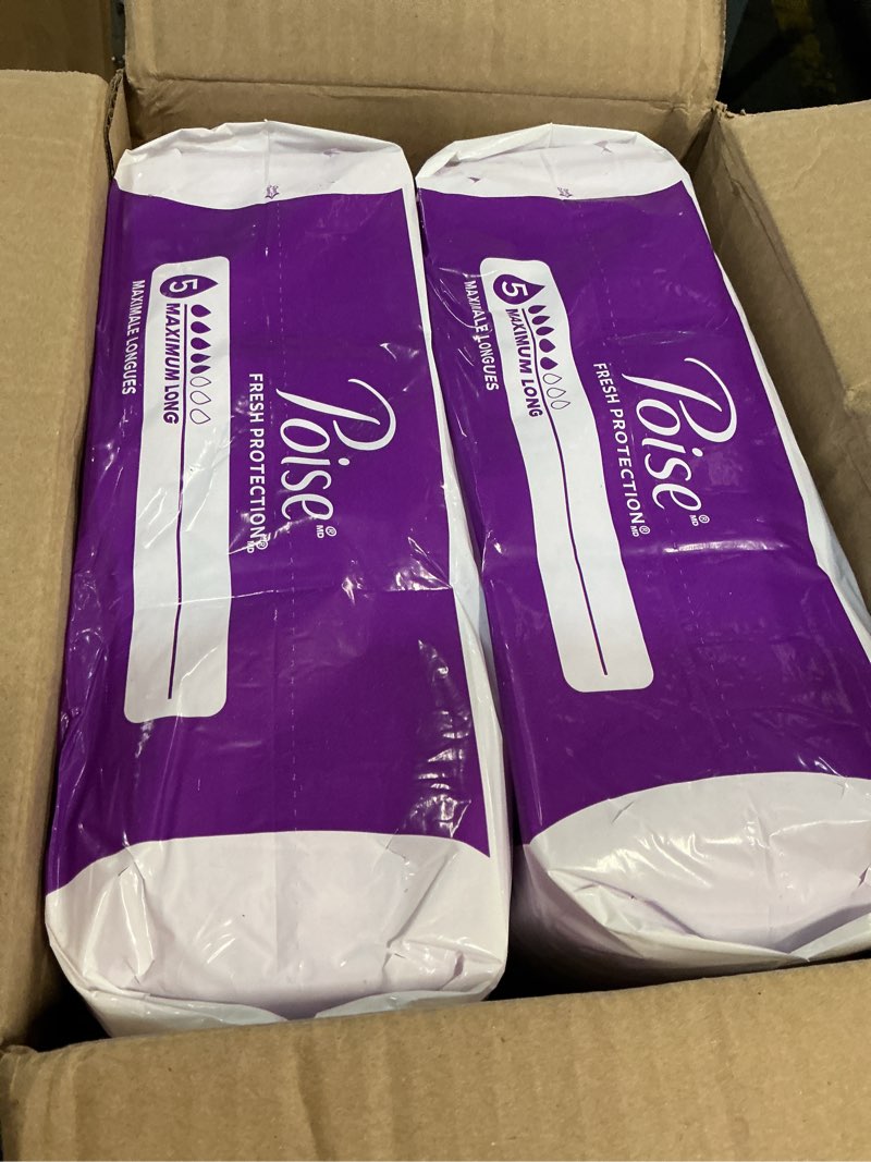 Condition photo showing New/Like New for poise incontinence & postpartum pads for bladder leaks, 5 drop maximum absorbency, long length, 84 count, packaging may vary long 84