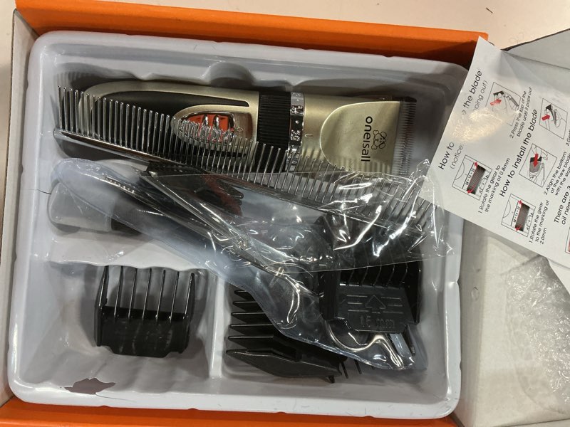 Condition photo showing As Is for oneisall dog clippers low noise, 2-speed quiet dog grooming kit rechargeable cordless pet hair clipper trimmer shaver for small and large dogs cats animals (gold)