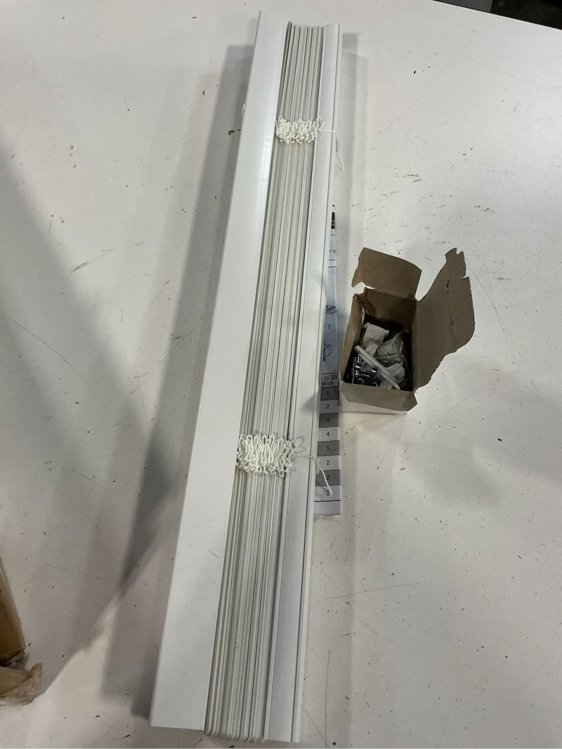 Condition photo showing As Is for lumino - cordless light filtering mini blinds for indoor windows - 24" w x 64" l - white, 1" vinyl slats, smooth lift operation, horizontal window blinds for home 24"w x 64"h