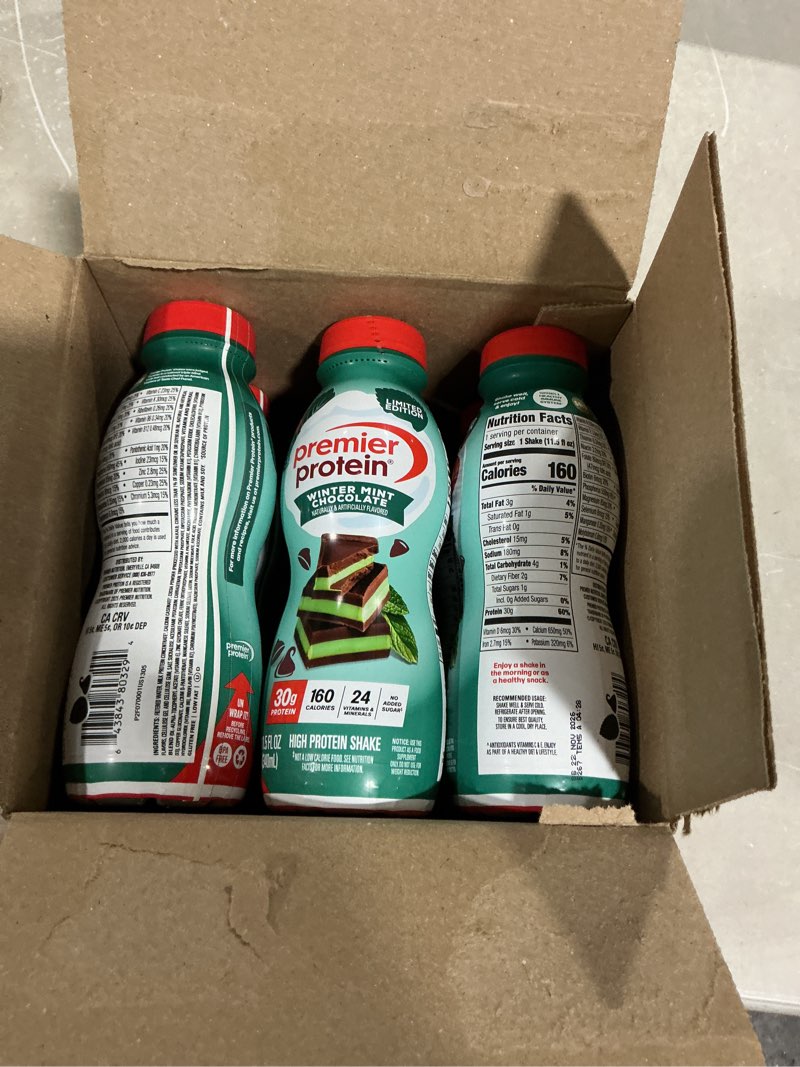 Condition photo showing New/Like New for Premier Protein Shake, Limited Edition, Winter Mint Chocolate, 30g Protein, No Added Sugar, 24 Vitamins & Minerals to Support Immune Health, 11.5 fl oz, 12 Pack Limited Edition: Winter Mint Chocolate 11.5 Fl Oz (Pack of 12)