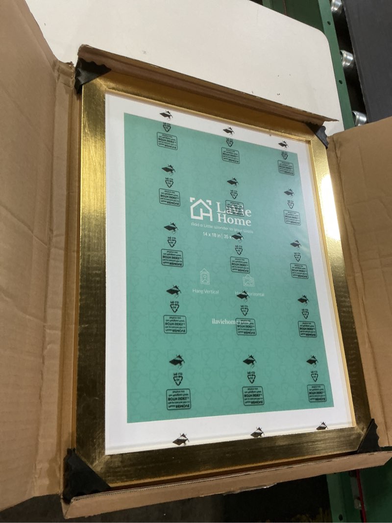 Condition photo showing Good Condition for lavie home 14x18 picture frame gold poster frame,display pictures 12x16 with mat or 14x18 without mat, stable and sturdy frame and polished plexiglass, horizontal and vertical format of the walls