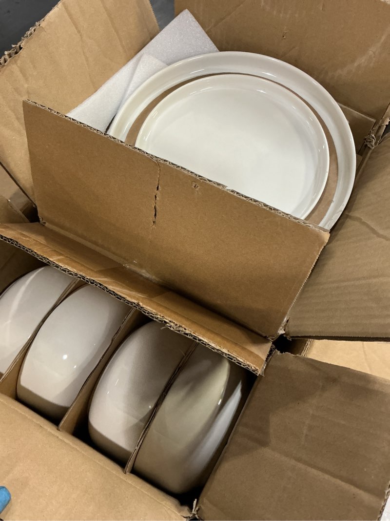 Condition photo showing As Is for ewfen plates and bowls sets, 12 pieces ceramic dinnerware set for 4, stoneware dishware dishes set, scratch resistant dishes set, dishwasher & microwave safe, white 12 pcs (service for 4) white