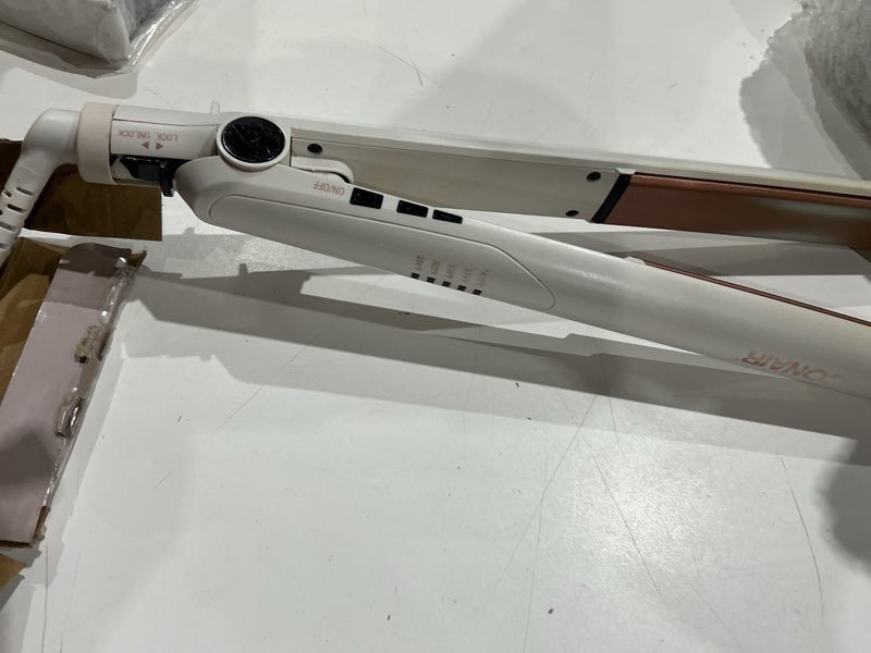 Condition photo showing As Is for conair double ceramic flat iron, 1-inch flat iron hair straightener with claw clip, 5 heat settings, extra-long floating plates, white white 1-inch with claw clip