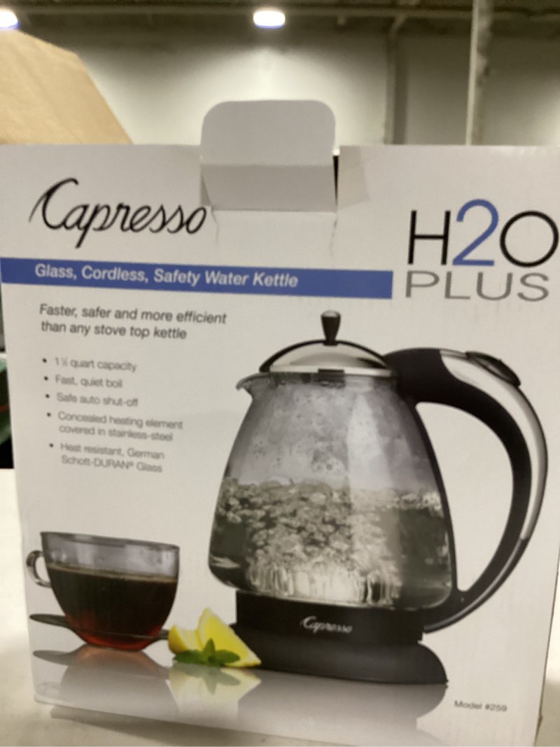 Condition photo showing New/Like New for Capresso 259 Water Kettle, 10" x 8.25" x 6.25", Polished Chrome