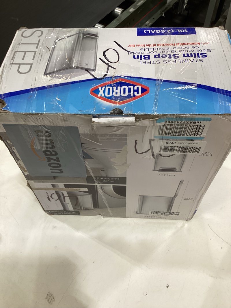 Condition photo showing As Is for clorox slim trash can - 2.6 gallon (10 liter) small metal trash can with soft close lid, step pedal,