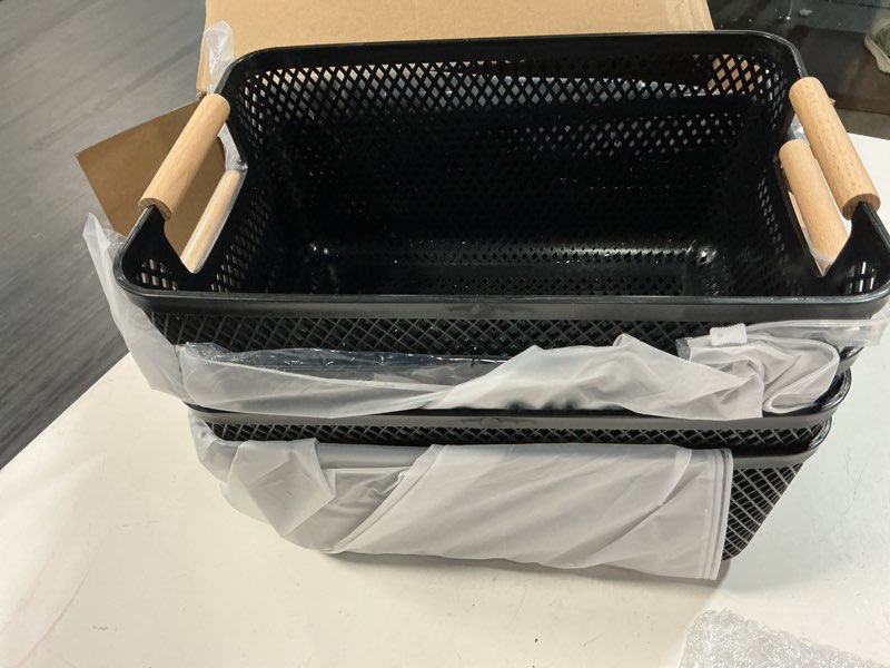 Condition photo showing New/Like New for tioncy 4 pcs plastic mesh baskets with wood handle woven mesh storage organizer bins multi-function rectangle baskets for home pantries shelves closet kitchens bedrooms(12.01 x 8.03 x 5.59 inches)