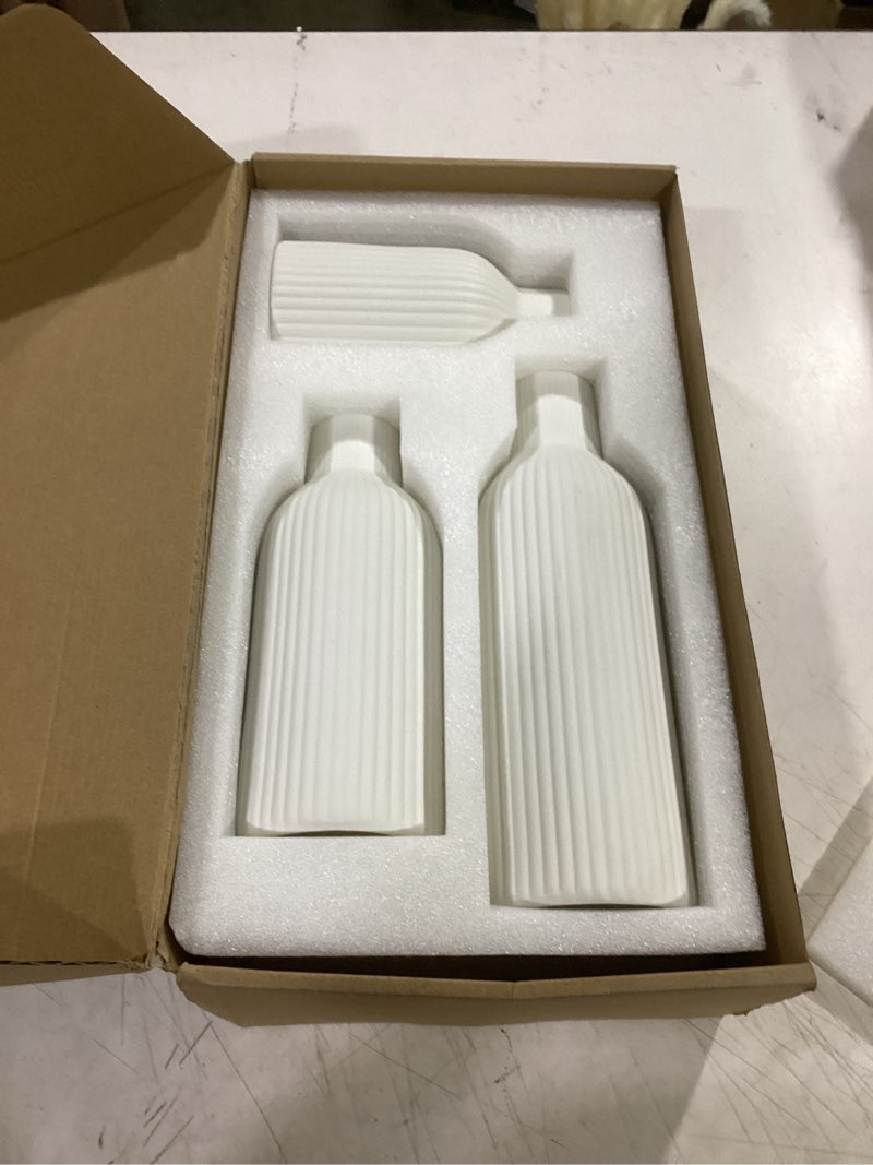 Condition photo showing Good Condition for modern ceramic vases set of 3, white ribbed decorative vases, shelf table centerpiece for home decor, birthday gifts for women, mom, grandma decorative (white)