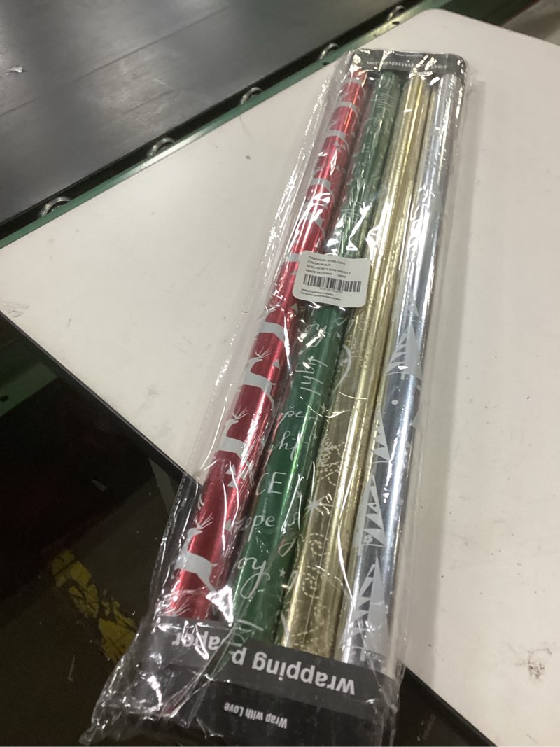 Condition photo showing New/Like New for WRAPAHOLIC 30 Inch Christmas Wrapping Paper Roll - Jumbo Roll Red Green Gold and Silver Snowflakes Trees Holiday Collection with Metallic Foil Shine - 4 Rolls - 30 Inch x 120 Inch Per Roll