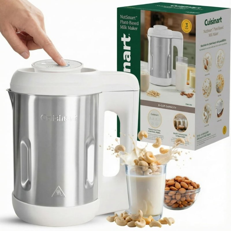 cuisinart nutsmart 50 oz nut milk maker machine makes milk in 60 seconds, easy to use and clean, perfect for almond milk, soy milk, oat milk, made with bpa free stainless steel