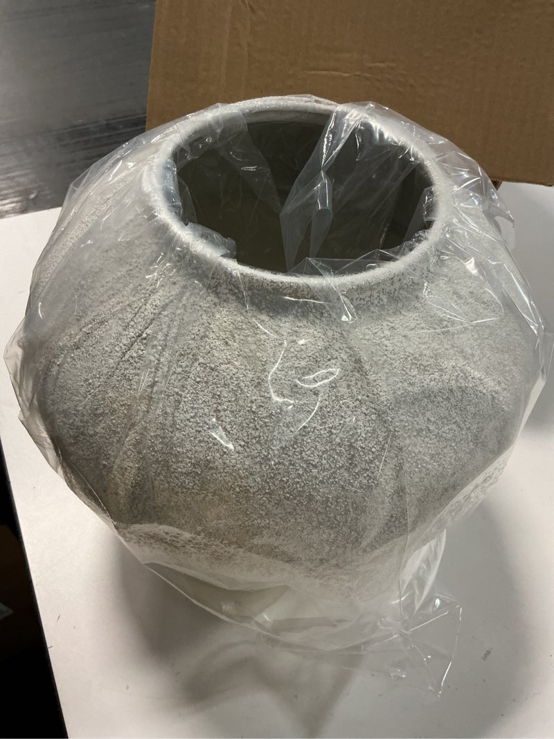 Condition photo showing Good Condition for Large White Round Vase for Flowers & Table Centerpieces - 11 Inch Rustic Textured Earthy Stone Look, Matte Big Decorative Arina Modern Farmhouse Wabi Sabi Decor for Living Room, Dining, Coffee Table White Large Round