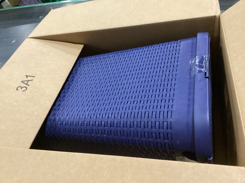 Condition photo showing As Is for Mind Reader Slim Laundry Hamper with Lid, 40L Clothes Basket, Premium Wicker Design, Plastic, Navy Navy Single