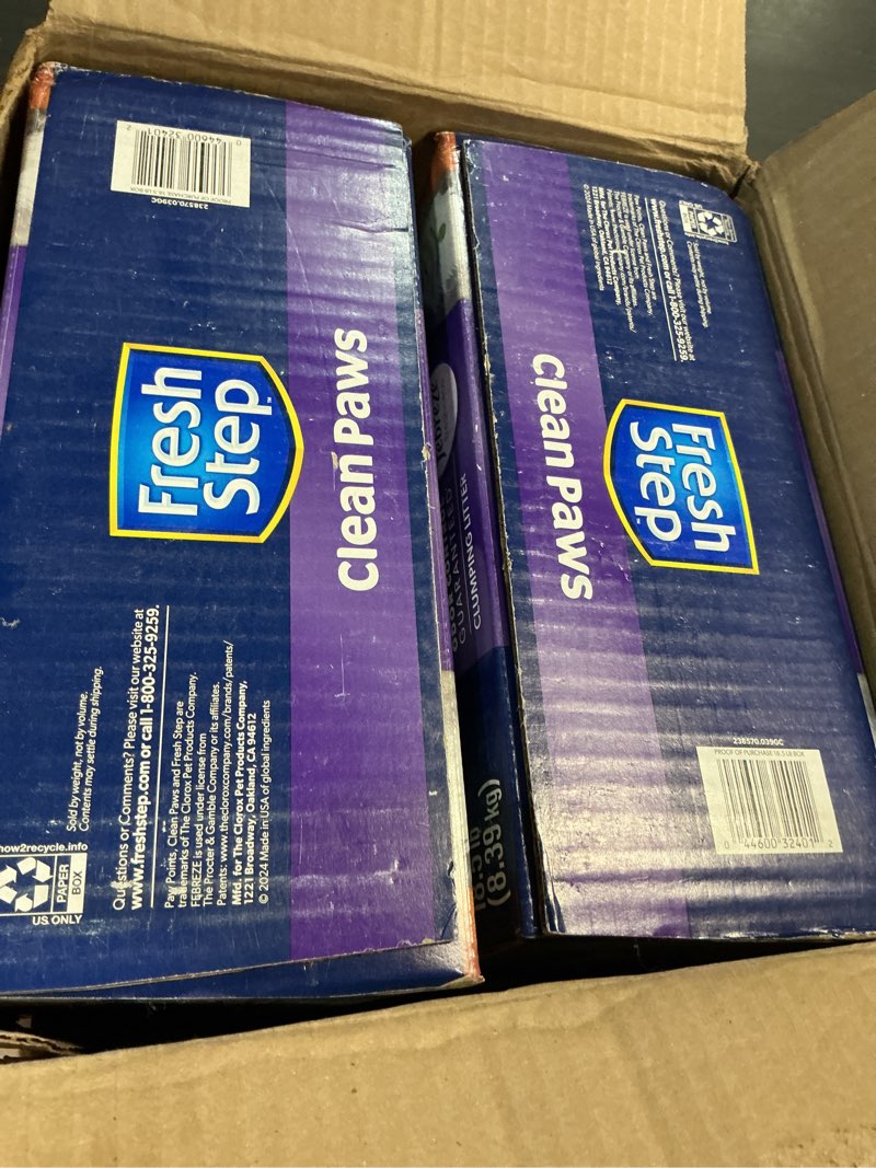 Condition photo showing New/Like New for fresh step clean paws advanced multi cat clumping litter with febreze freshness, 18.5 lb each, pack of 2 (package may vary) scented litter with the power of febreze™