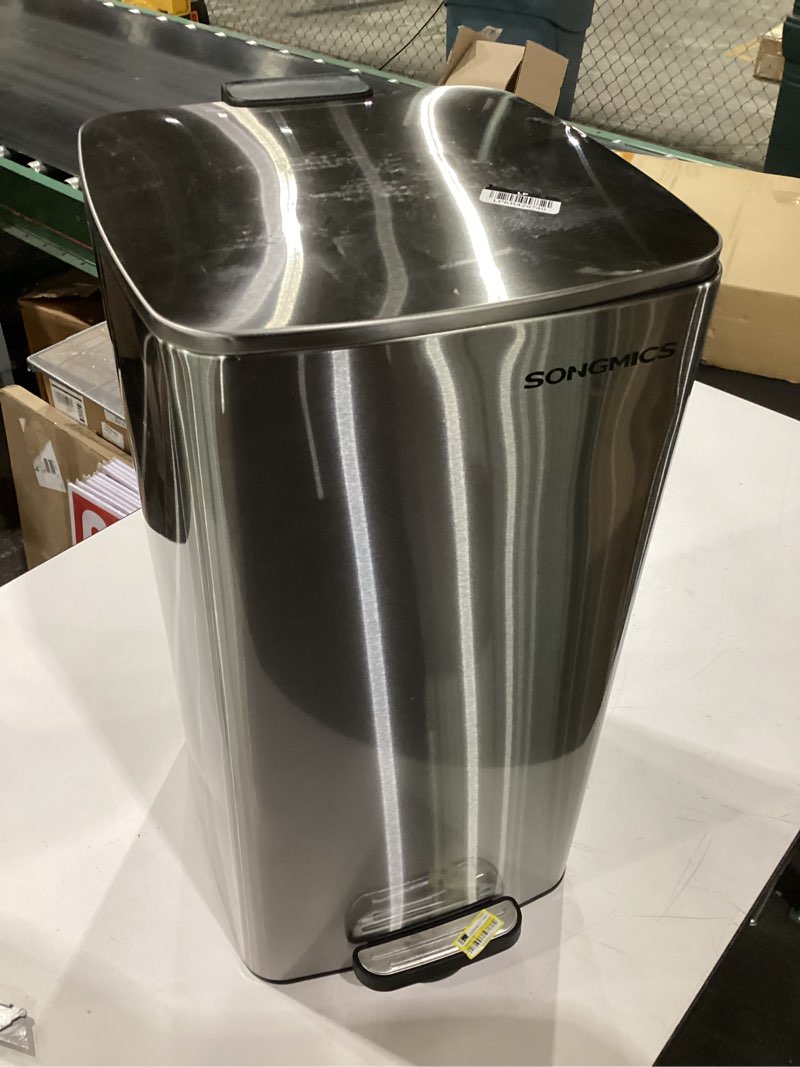 Condition photo showing As Is for songmics 13 gallon (50 l) trash can, stainless steel kitchen garbage can, recycling or waste bin, soft close, step-on pedal, removable inner bucket, silver ultb050e01 silver 13 gal.