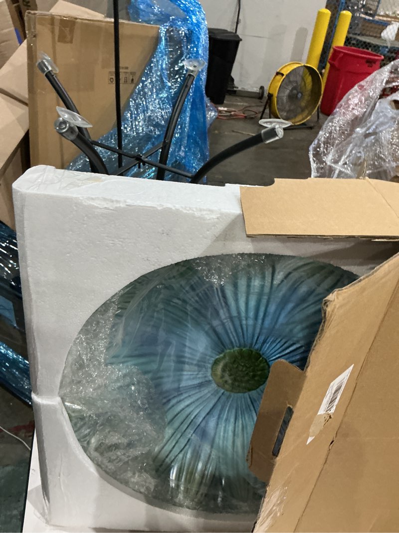 Condition photo showing Good Condition for bird baths,glass birdbath with metal stand blue flowery birdbath suit for garden lawn yard decor