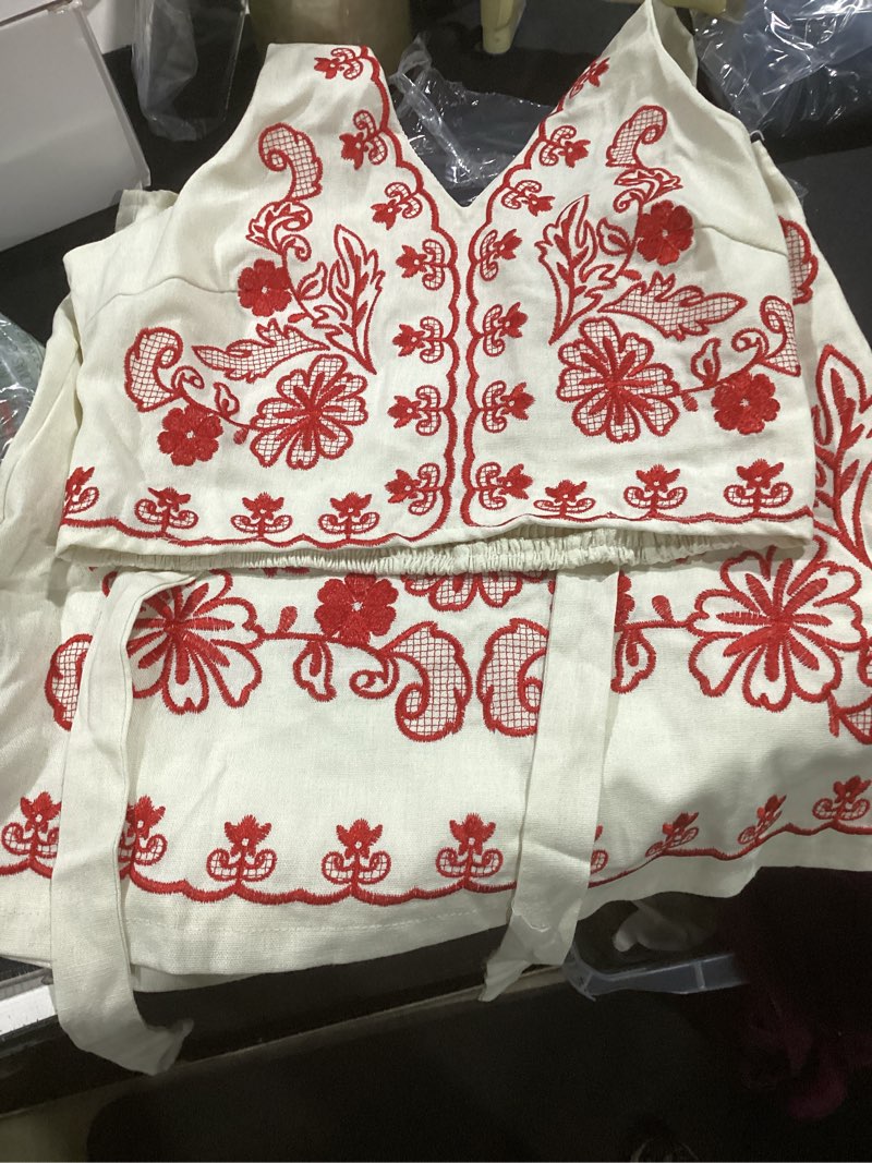 Condition photo showing Good Condition for makemechic women's 2 piece skirt set cowboy chic halter linen vacation set floral embroidery outfits x-small red