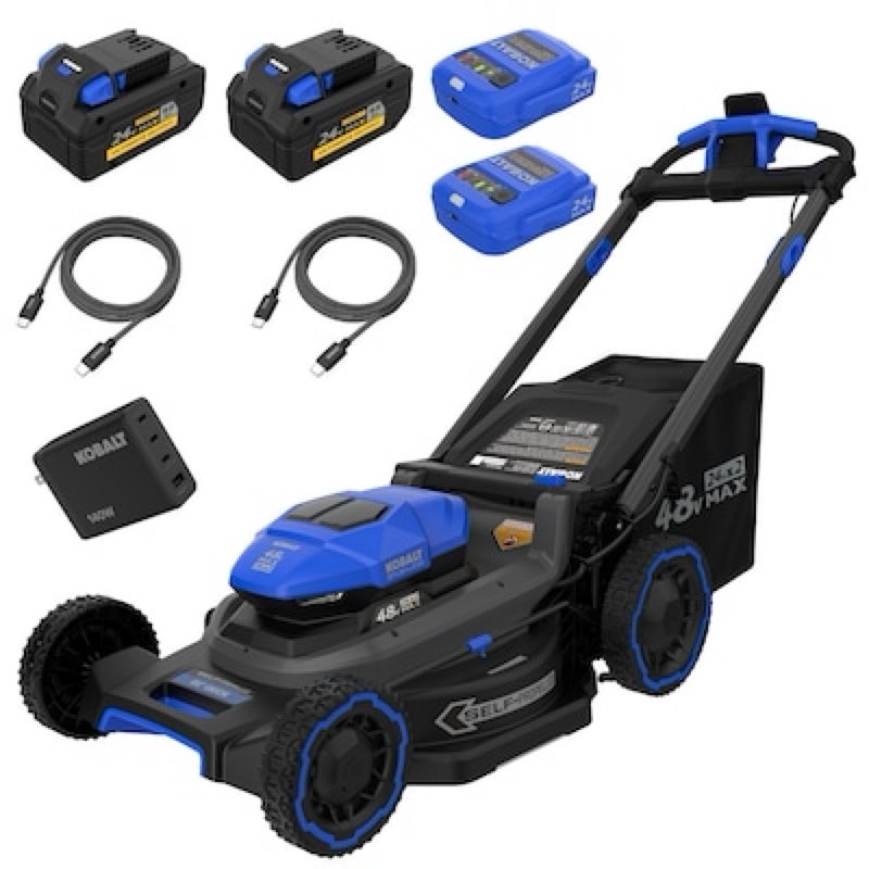 kobalt 48v max (24vx2) 21-in dual blade self-propelled mower kit, (2) 8.0ah batteries and charger included