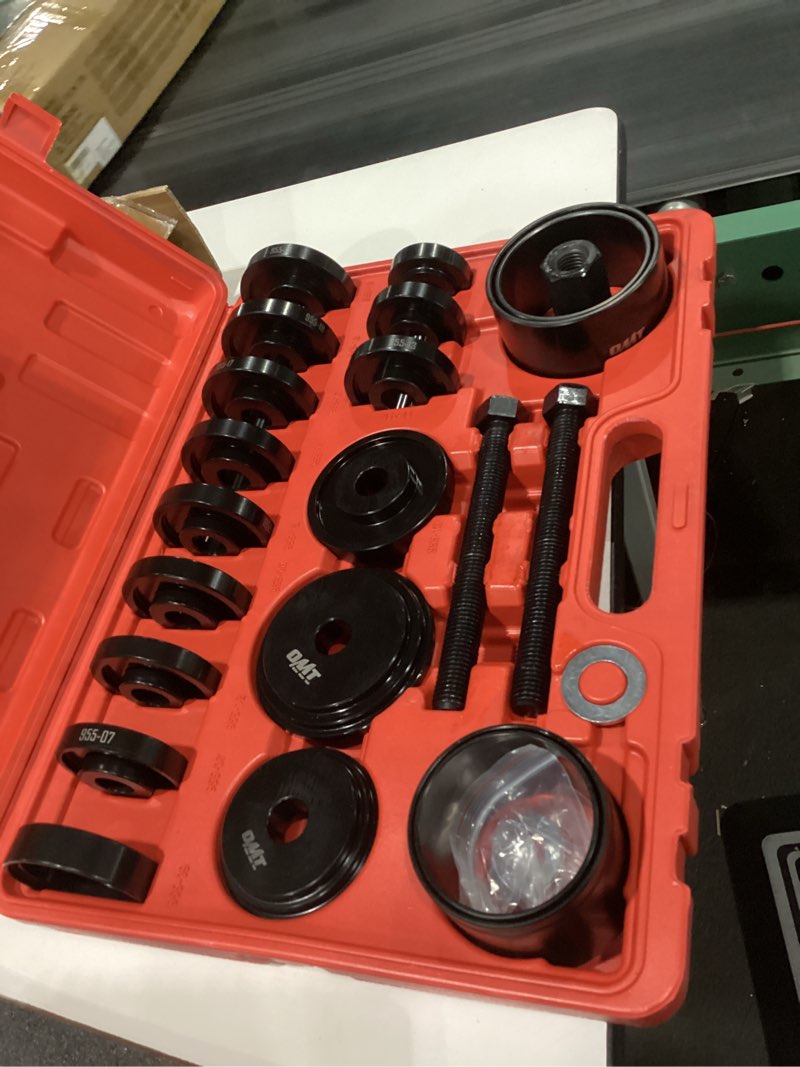 Condition photo showing New/Like New for orion motor tech wheel bearing press kit for front wheel drive bearing removal & installation, 24pc wheel bearing puller tool set with sliding screws universal bushings sleeves storage case red,black