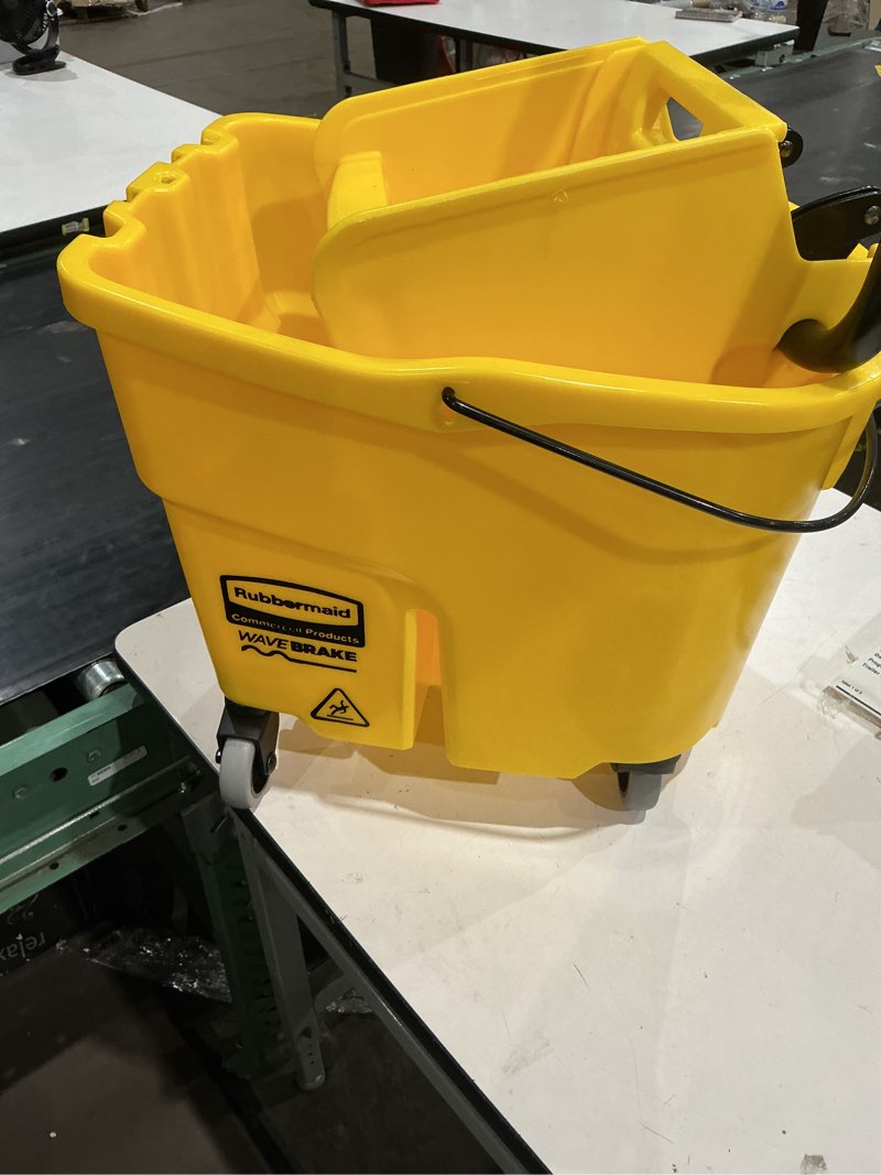 Condition photo showing As Is for rubbermaid commercial products 8.75-gallons side-press wringer mop and bucket, yellow