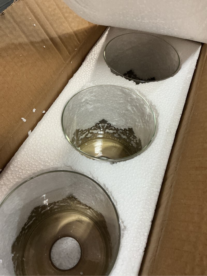 Condition photo showing New/Like New for 3 pack clear glass lamp shades with decorative metal pattern elegant metallic accents 1-5/8" fitter premium replacement for chandelier, pendant & wall sconce clear-decorative pattern 3 pack