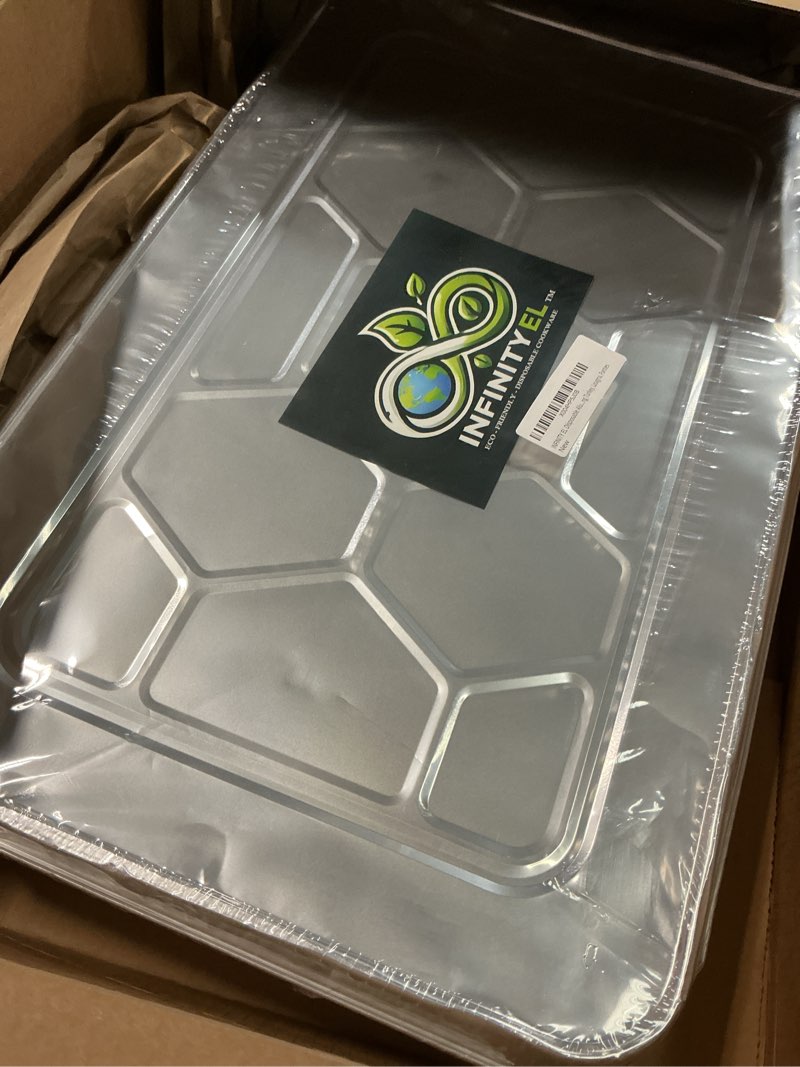 Condition photo showing New/Like New for infinity el disposable aluminum foil pan with lids 10 pack | full size steam shallow 20.5" x 12.5" x 2" heavy duty aluminum pan with lids | disposable baking pan for roasting turkey, lasagna, parties (full size shallow 10 pans with 10 lids)