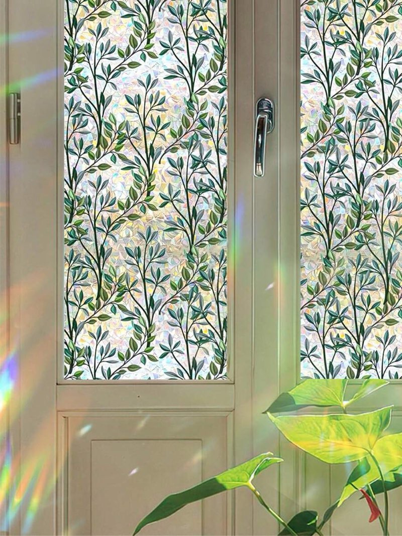 Roll Colorful Static Cling Glass Window Privacy Film, 3D Rainbow Vine Leaf Double-Sided Static Cling Glass