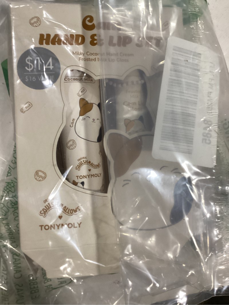 Condition photo showing As Is for TONYMOLY x Squishmallows Cam the Cat 2-Piece Set – Coconut Milk Hand Cream & Frosted Milk Lip Gloss – Cute Korean Skincare & Beauty Gift for Women & Teens