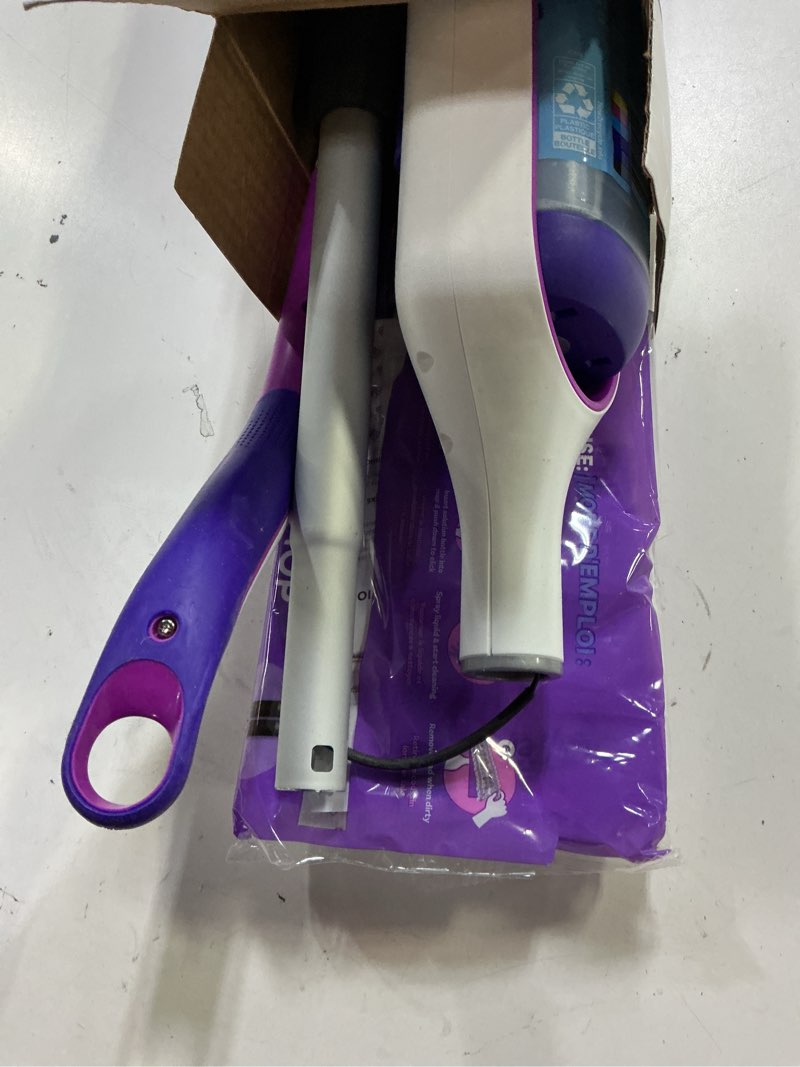 Condition photo showing Good Condition for swiffer powermop multi-surface mop kit for floor cleaning, includes powermop, 2 mopping pad refills, 1 cleaning solution with fresh scent and 2 batteries purple and white