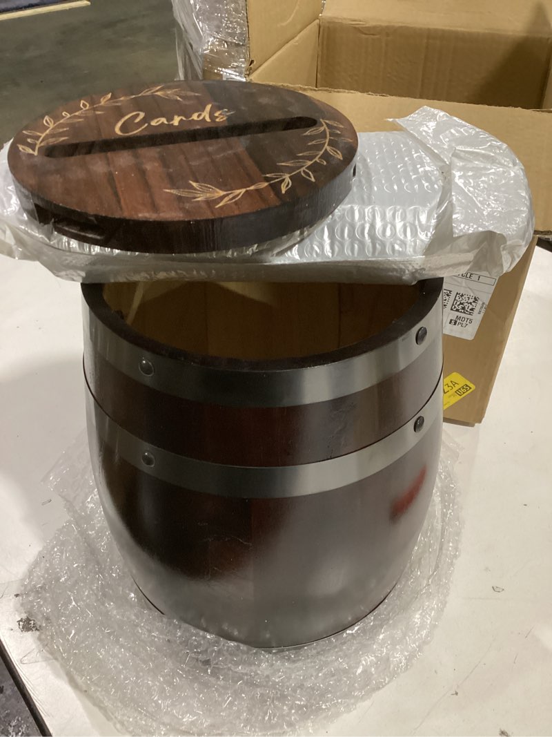 Condition photo showing Good Condition for Menkxi Wedding Oak Whiskey Barrel Card Box with Slot Gift Card Box Holder Wine Barrel Card Holder Table Decorations for Reception Wedding Ceremony Money Envelopes Gift Cards (Dark Brown)