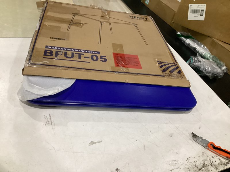 Condition photo showing New/Like New for 23.5'' kids folding square table, card table with vinyl padded top, foldable activity for indoor/outdoor use, perfect for picnic, playtime and learning, 23.5" w x 23.5" d x 20.5" h, blue