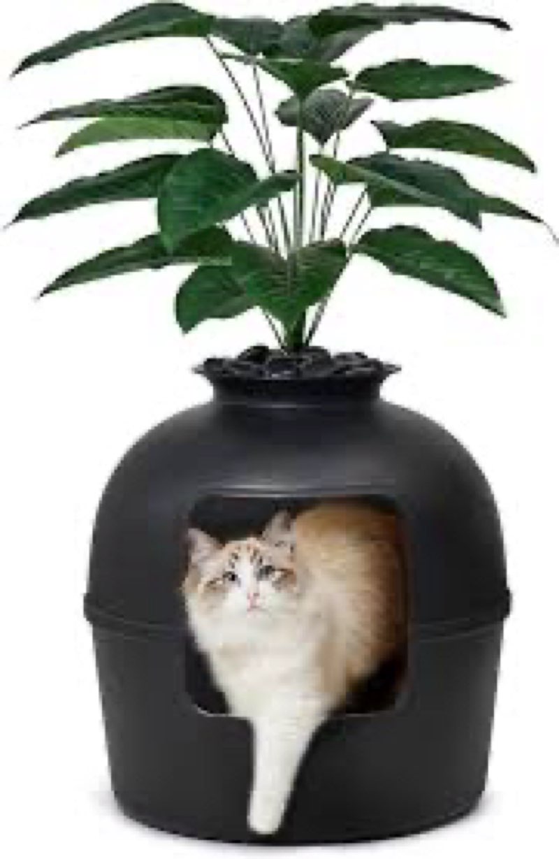secret litter box by bundle & bliss - hidden litter box enclosure with odor control carbon filter, faux plant and real stones, perfect for large cats (matte black) as is