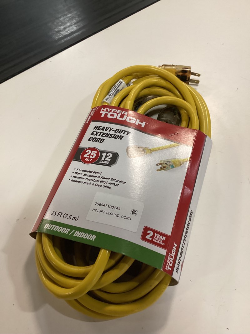 Condition photo showing As Is for hyper tough 12awgx3c 25ft indoor and outdoor heavy duty yellow vinyl extension cord