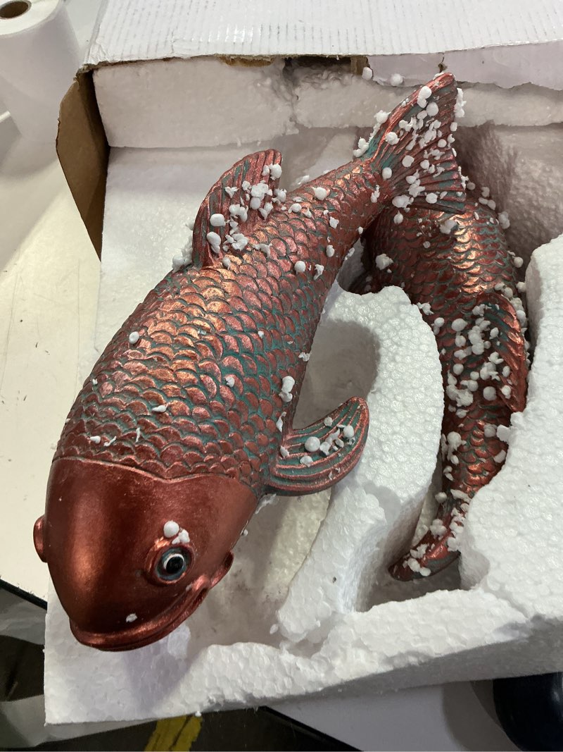 Condition photo showing Good Condition for set of 2 antique koi fish statue, outdoor garden sculpture for patio, backyard, pond, and home decor