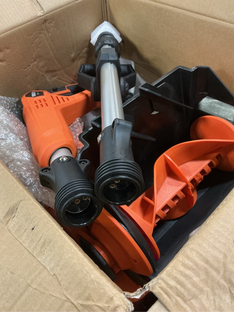 Condition photo showing As Is for Cordless Snow Shovel, Electric Snow Shovel 12" Width 6.7" Depth Cleaning and 20ft Throwing Distance, 4 Ah 21V Battery Brushless Snow Mover with Adjustable Front Handle for Driveway, Steps, Patio Orange