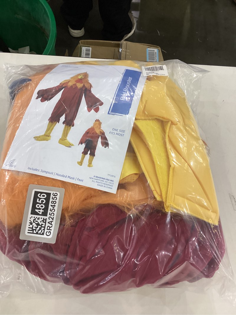 Condition photo showing New/Like New for Seasons Deluxe Rooster Costume Adult, Funny Chicken Costume for Halloween Party, Red, One Size Fits Most