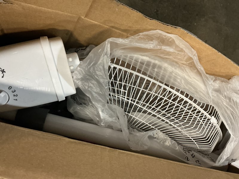 Condition photo showing As Is for utilitech 16-in 120-volt 3-speed indoor white oscillating pedestal fan