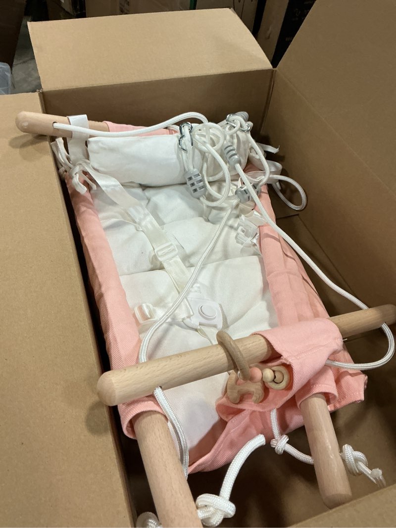 Condition photo showing As Is for Baby Swing for Baby and Toddler, Canvas Baby Hammock Swing Indoor and Outdoor with Safety Belt and Mounting Hardware, Wooden Hanging Swing Seat Chair for Baby up to 3 Years - Pink